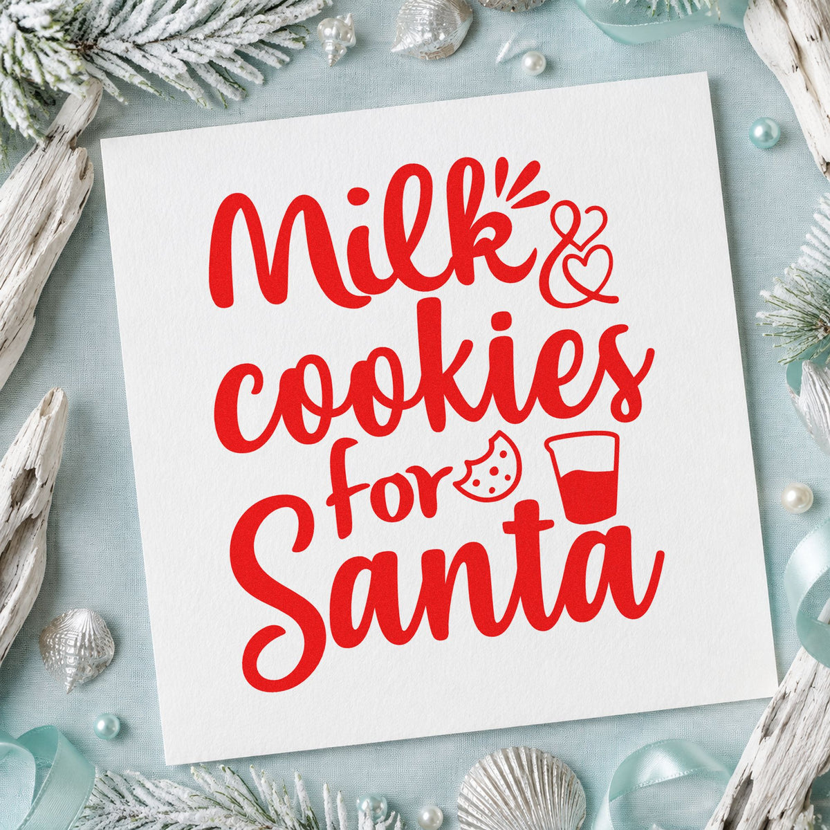 Milk And Cookies For Santa craft stamp in red ink on cardstock, an easy option for coaster cloth ink.