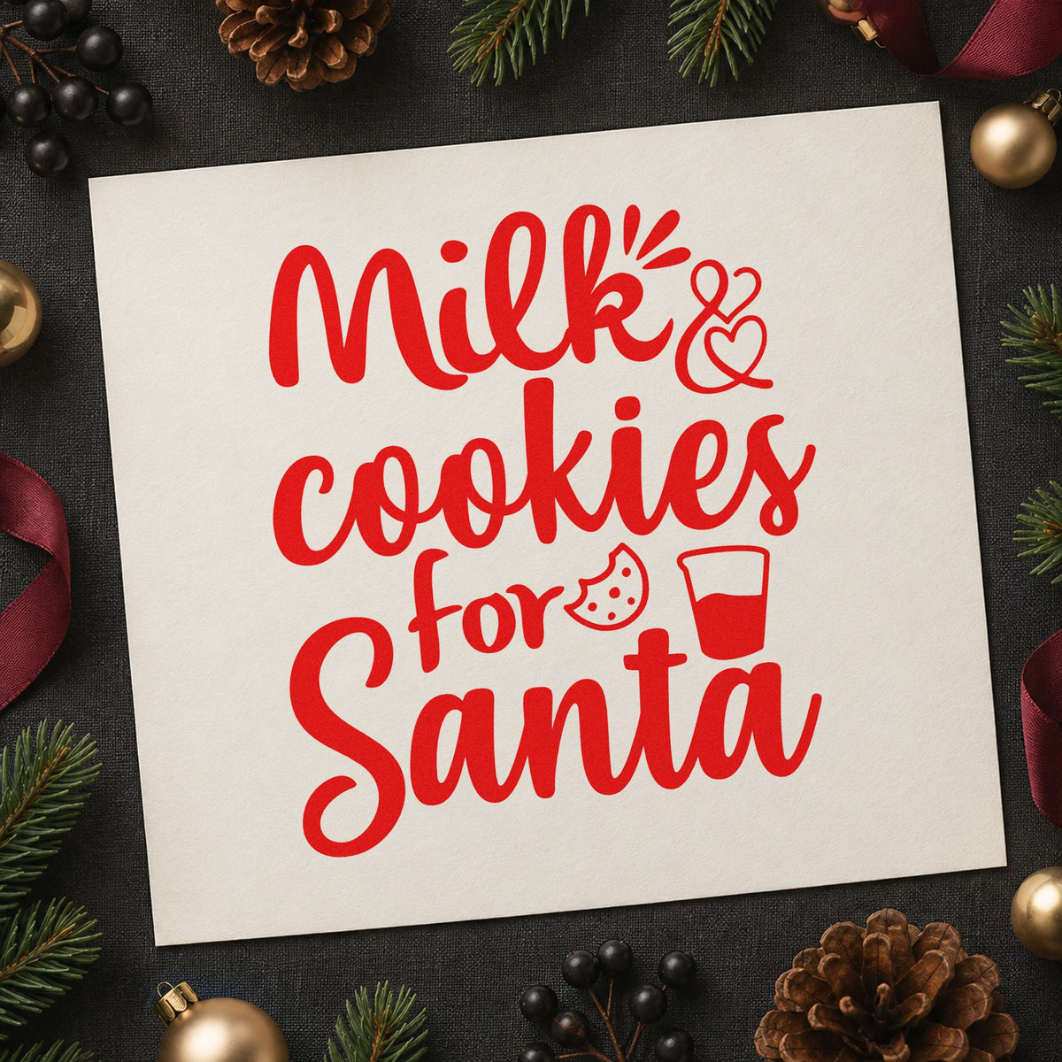 Milk And Cookies For Santa rubber stamp shown in red ink, stamped for projects such as dairy crate labels.
