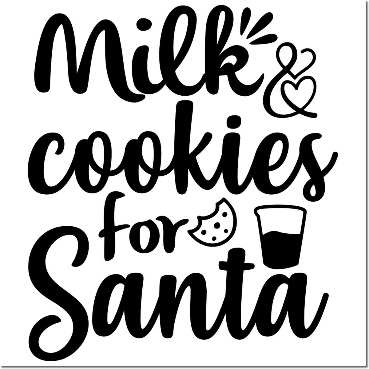 Black milk and cookies for Santa stamp design with cookie and milk glass icons on a white background.