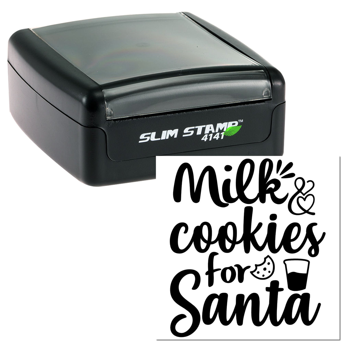 Black self-inking stamp with gray top and custom seal design reading Milk & cookies for Santa.