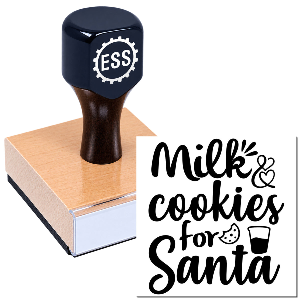 Dark blue ESS rubber stamp on a wooden block with black "Milk & cookies for Santa" seal design