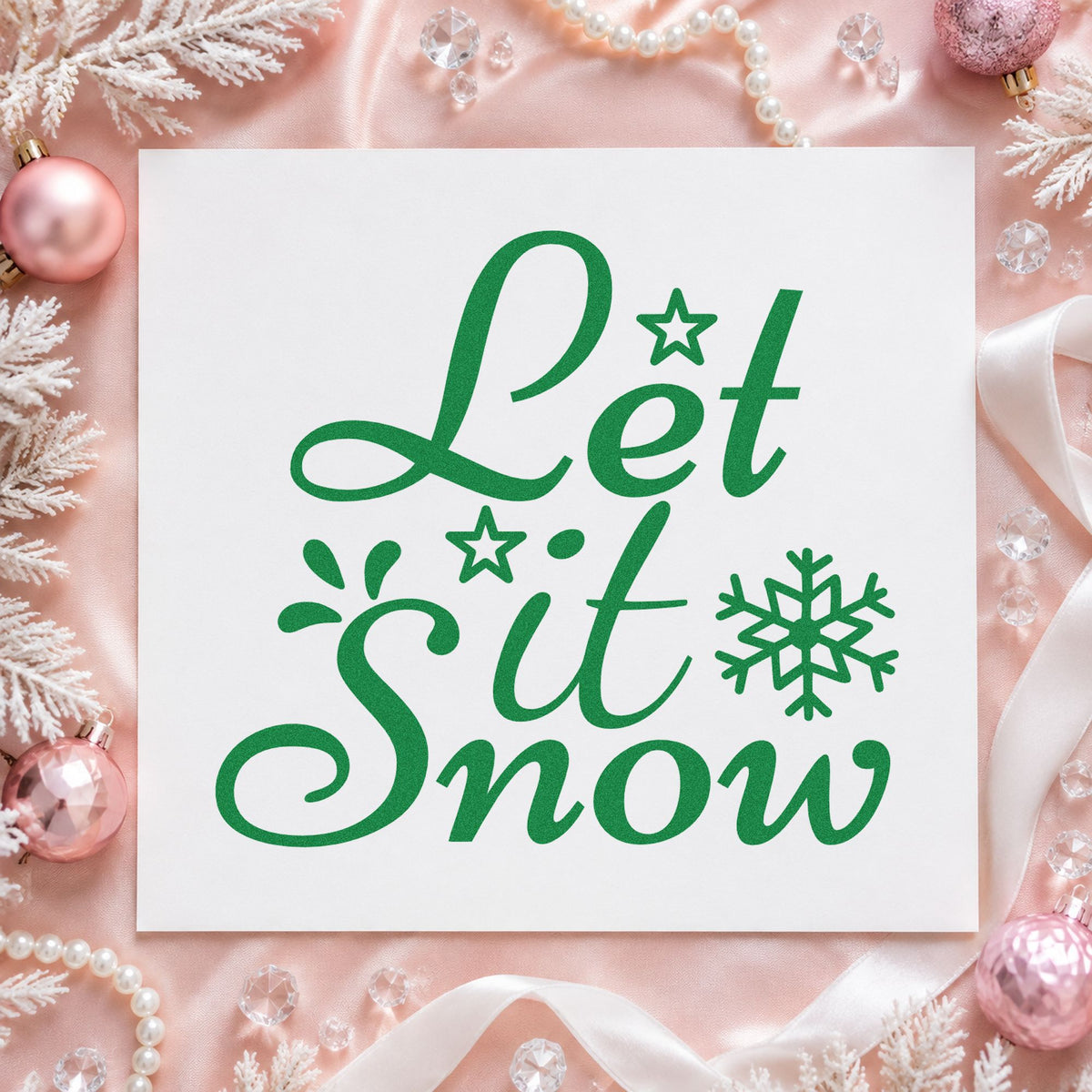 Let It Snow Stars craft stamp imprint in green ink on a handmade project, one idea being lift pass gift tags.