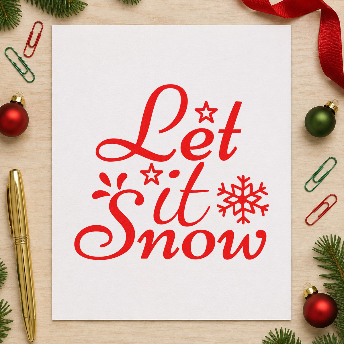 Let It Snow Stars craft stamp in red ink on cardstock, an easy option for fleece neck printing.