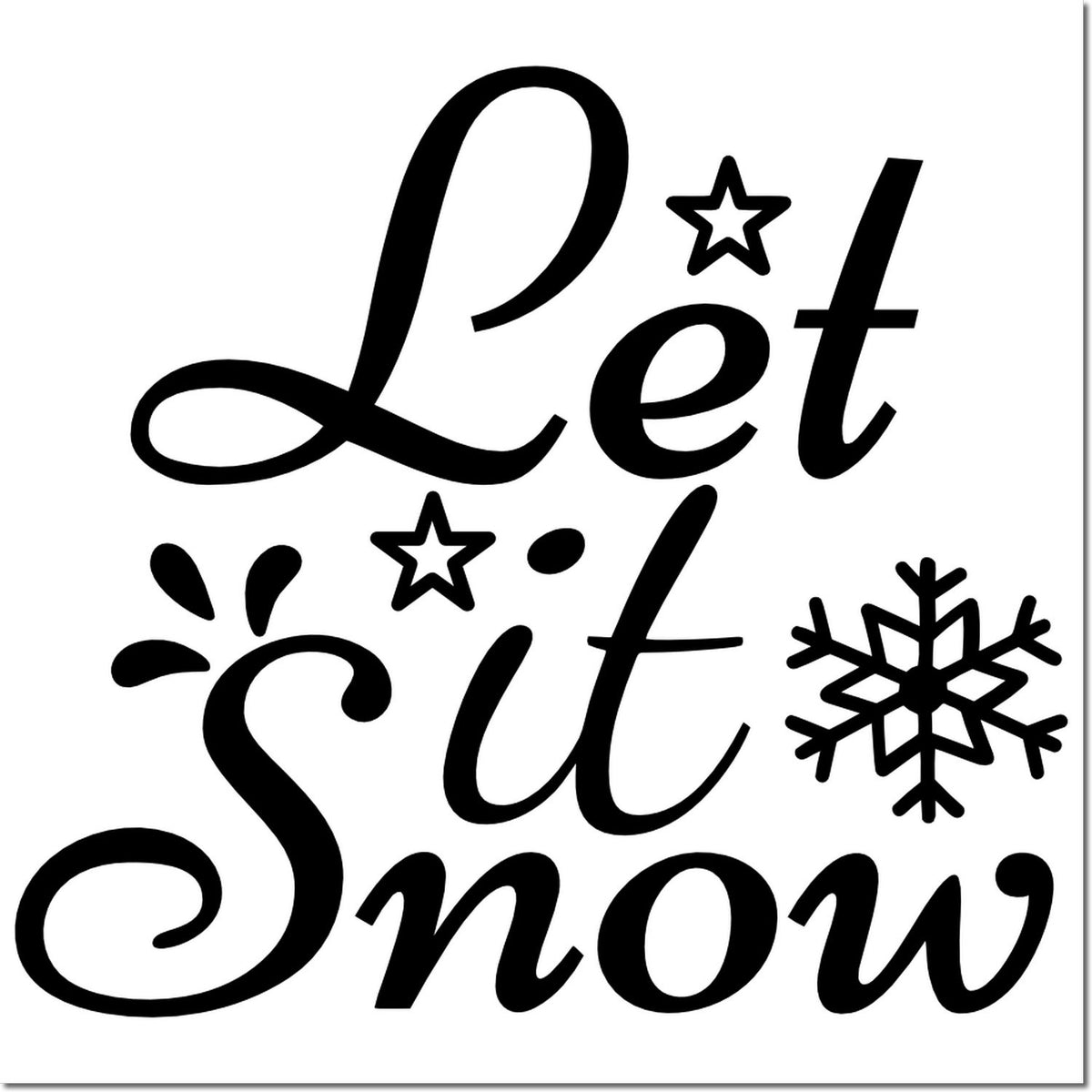 Black decorative stamp seal reading "Let it Snow" with stars and a snowflake on a white background.