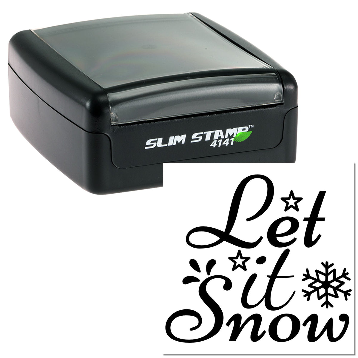 Black Slim Stamp 4141 self-inking stamp and seal with Let it Snow script and snowflake design.