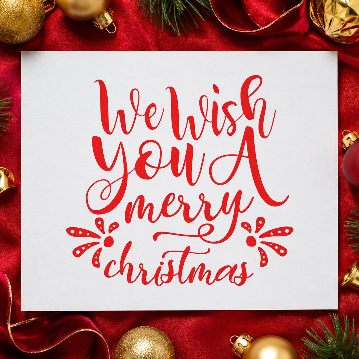 We Wish Merry Christmas rubber stamp shown in red ink, stamped for projects such as mail batch labels.