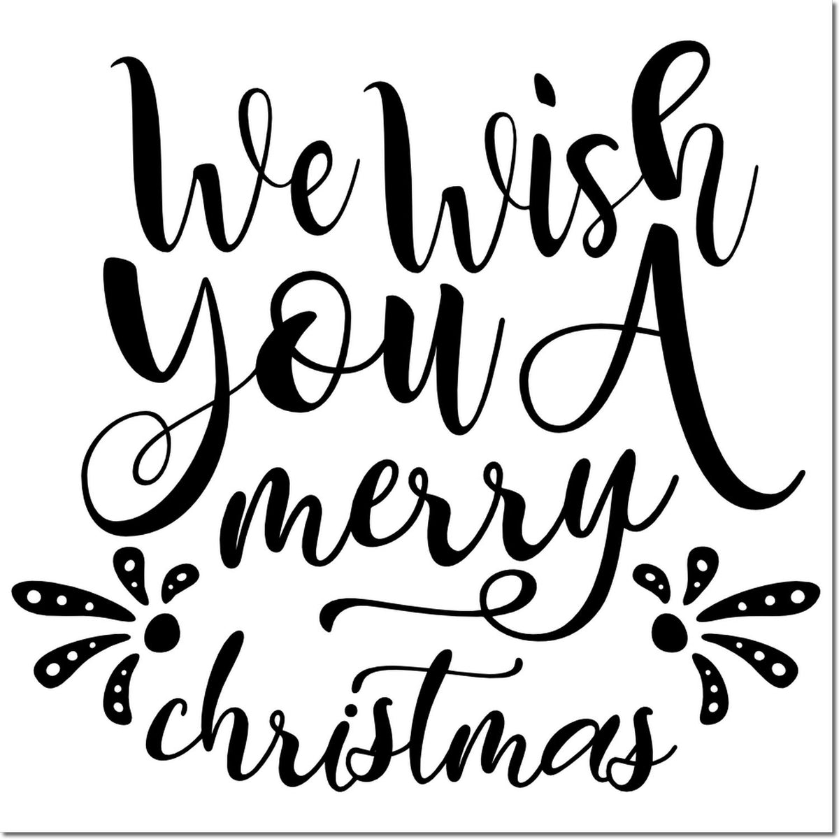 Black Christmas stamp design with We wish you a merry Christmas script and floral accents.