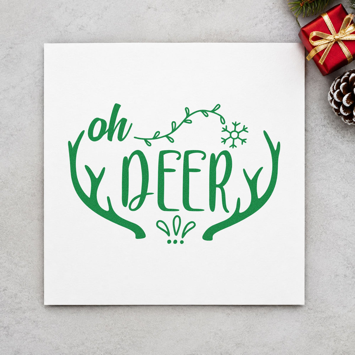 Oh Deer Antler Frame craft stamp imprint in green ink on a handmade project, one idea being doorway span signs.