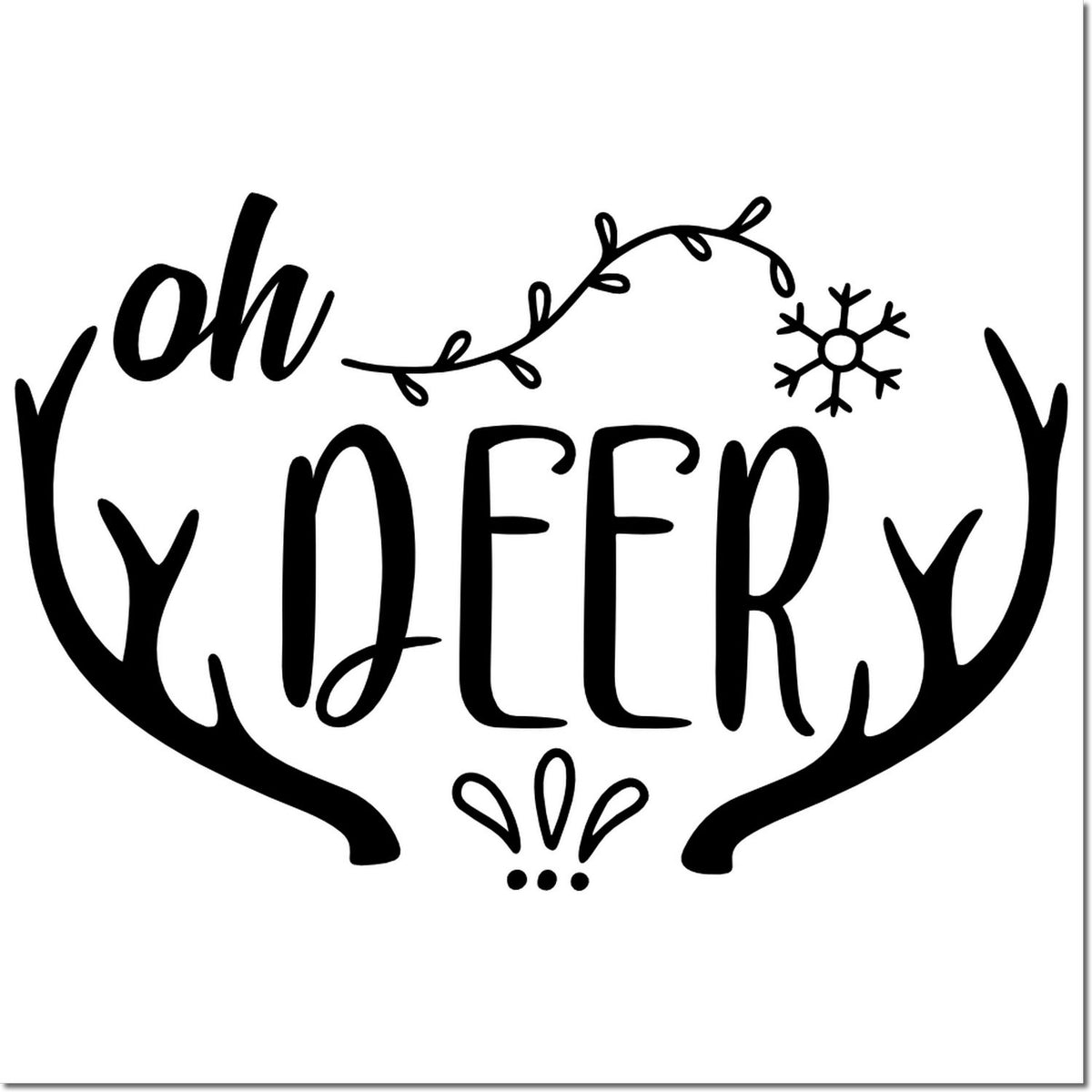 Black oh DEER stamp and seal design with antlers, vine accents, and a snowflake on a white background.