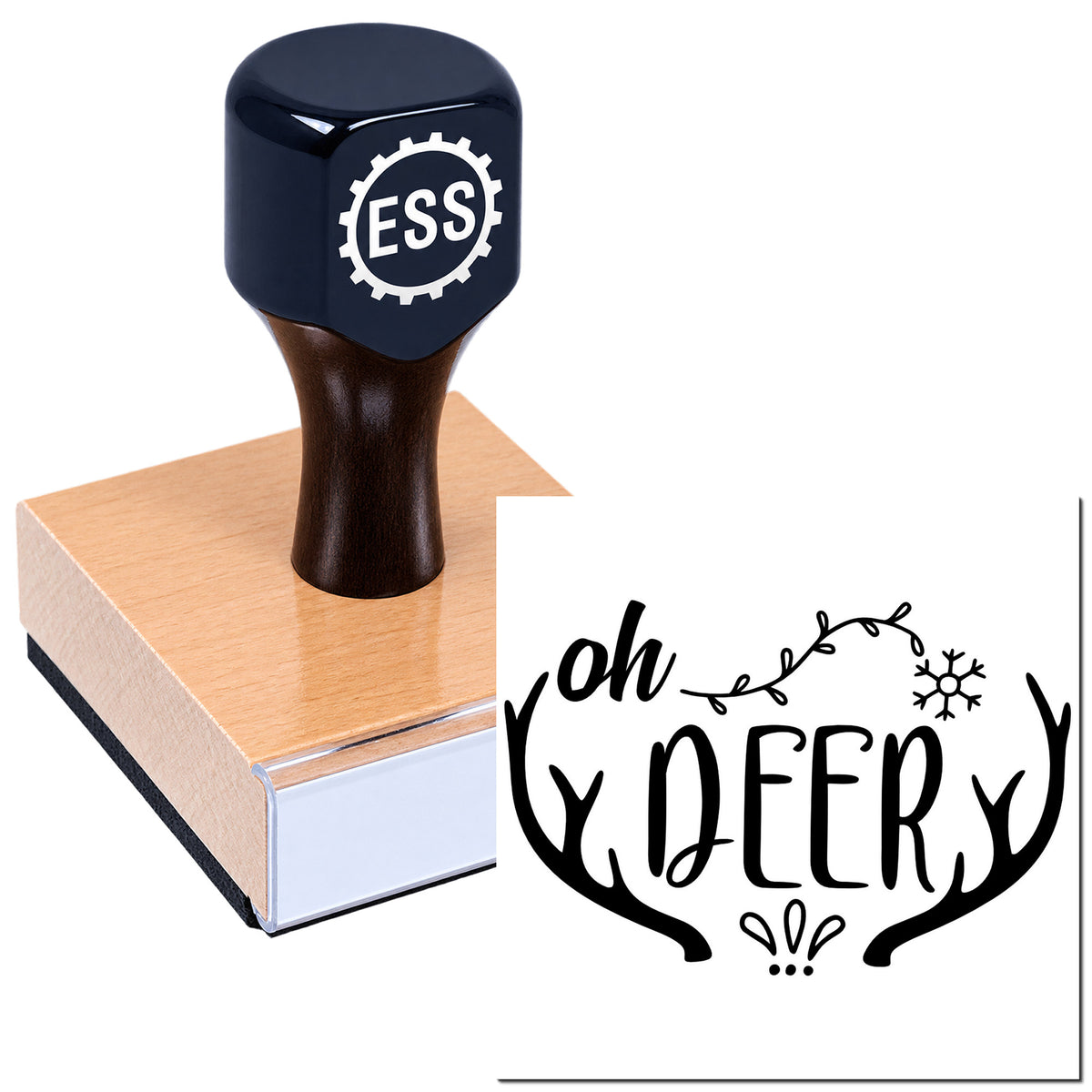 Black ESS rubber stamp on wooden block beside a custom "oh DEER" antler seal design on white background