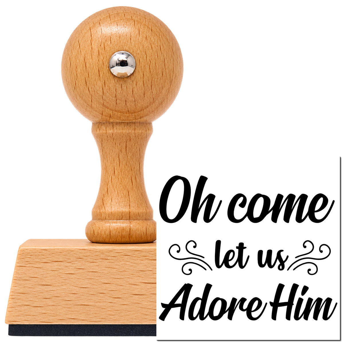 Vintage Pro beech wood stamp with a round knob handle, shown with its black Oh Come Let Us Adore Him imprint on white.