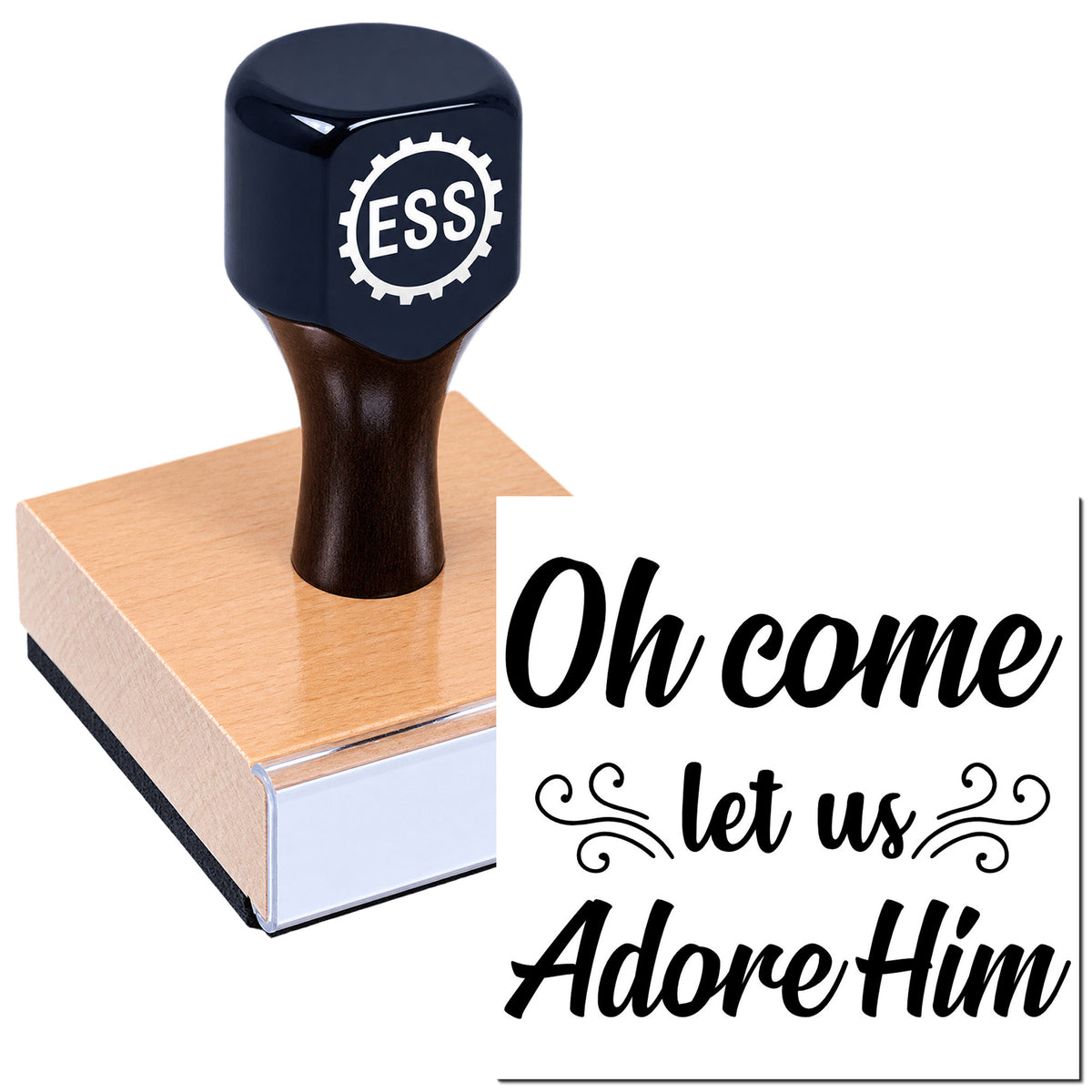 Black ESS stamp and seal on a pink wax-like block with decorative "Oh come let us Adore Him" lettering.