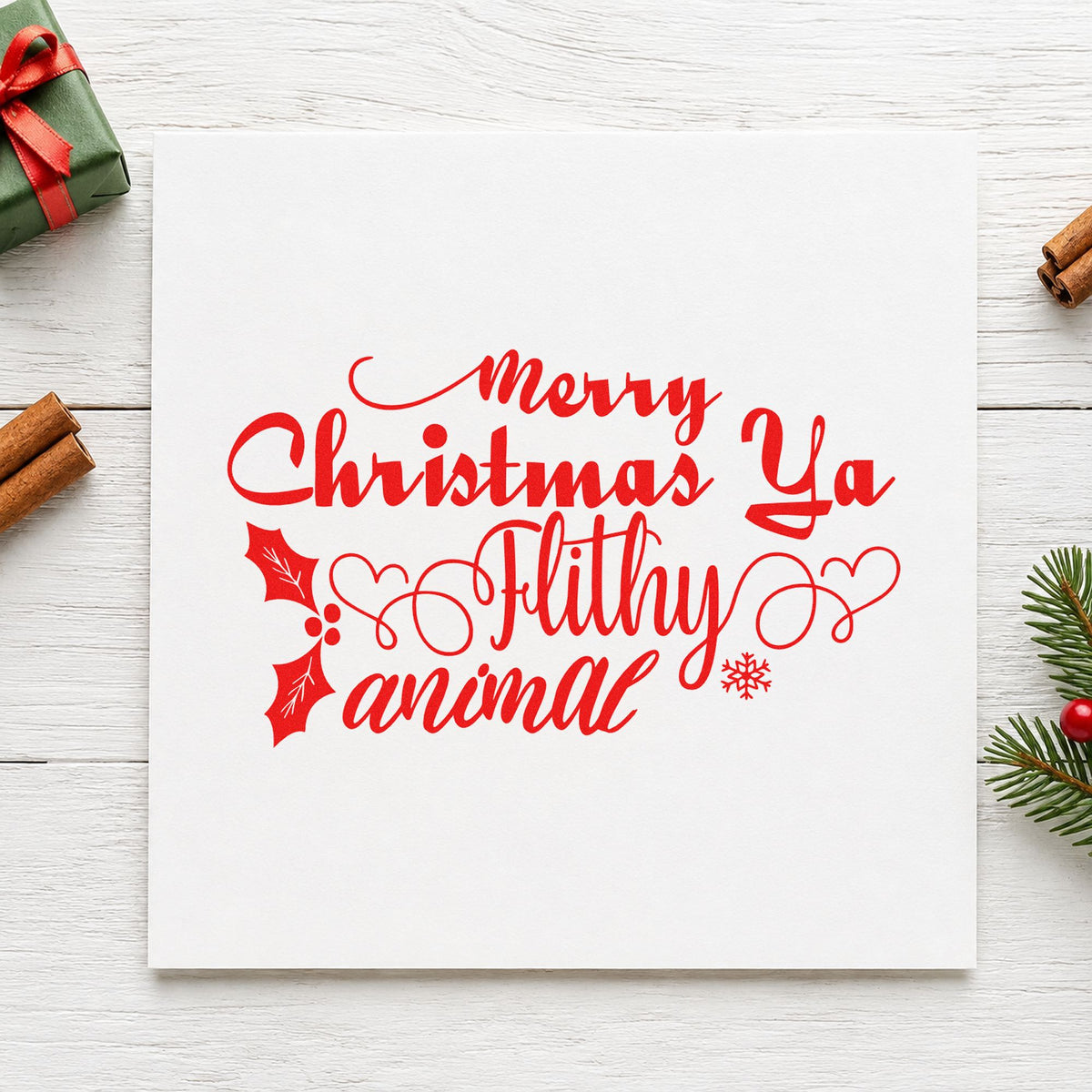 Merry Christmas Ya Filthy Animal craft stamp in red ink on cardstock, an easy option for throw blanket printing.
