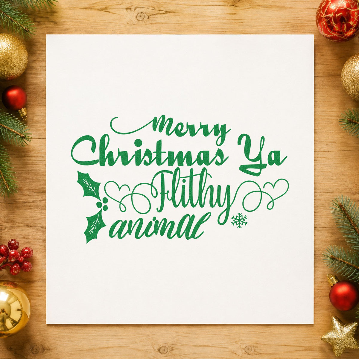 Merry Christmas Ya Filthy Animal craft stamp imprint in green ink on a handmade project, one idea being marathon lineup cards.
