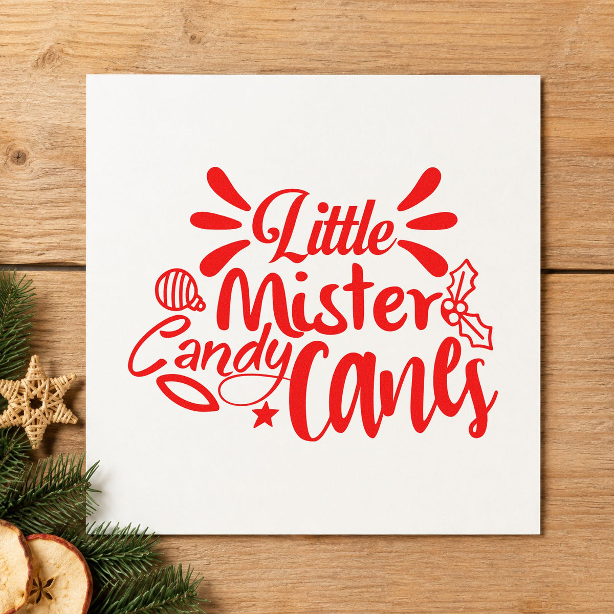 Little Mister Candy Canes rubber stamp shown in red ink, stamped for projects such as bottle bin labels.