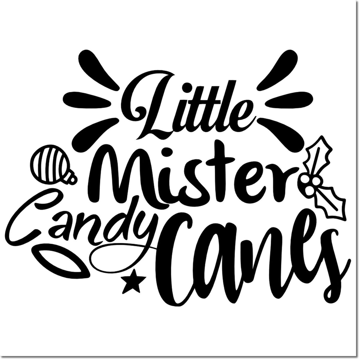 Black Little Mister Candy Canes holiday stamp/seal design with candy cane, star, and holly accents.