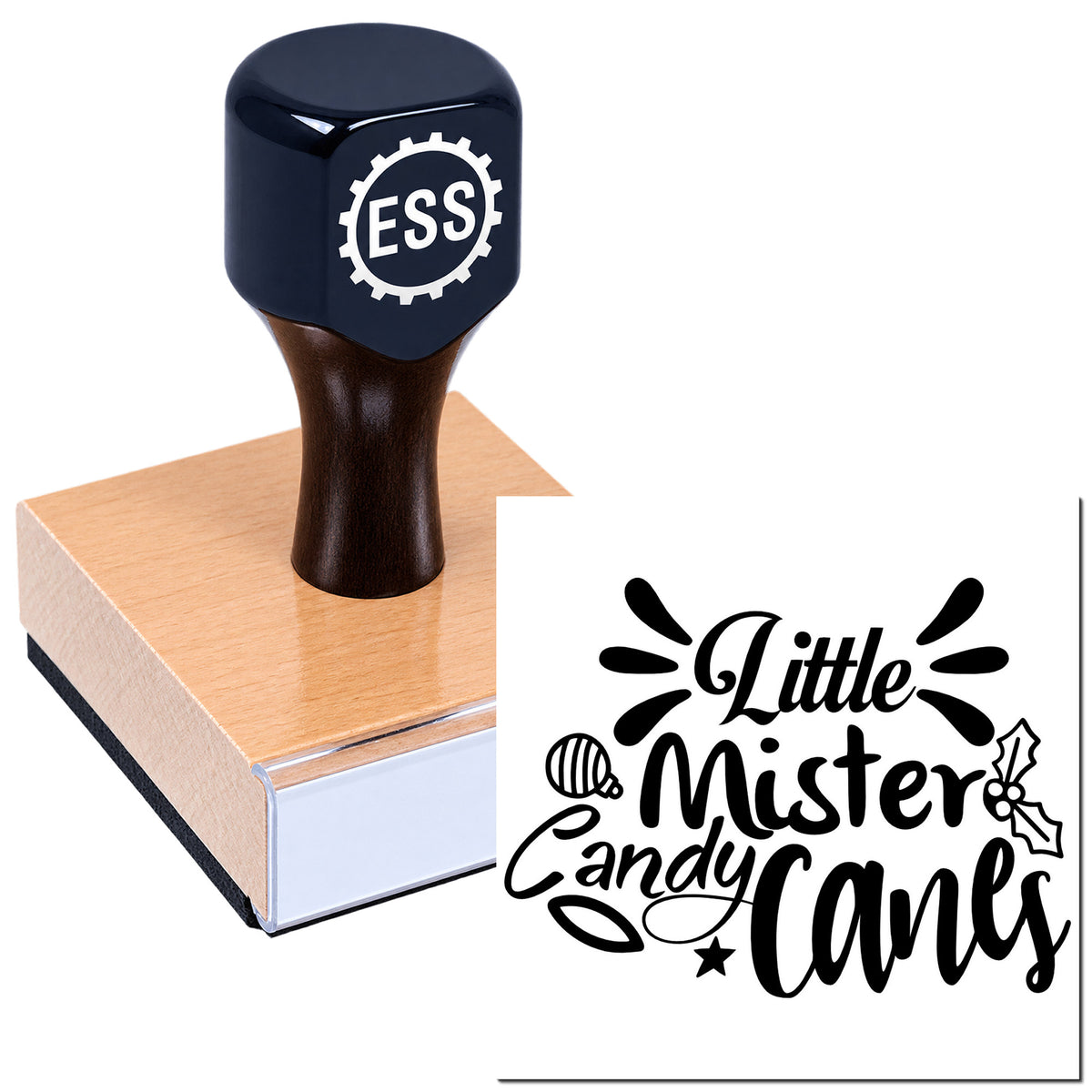 Dark navy ESS stamp on a copper seal block beside a black "Little Mister Candy Canes" stamp design.