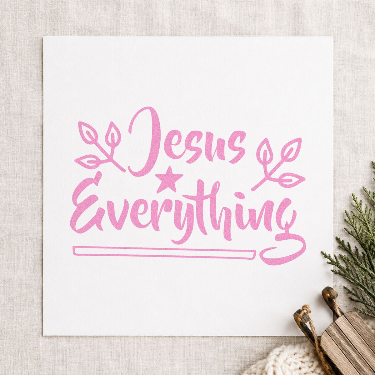 Jesus Everything Star And Leaves craft stamp in purple ink on cardstock, an easy option for testimony album page.