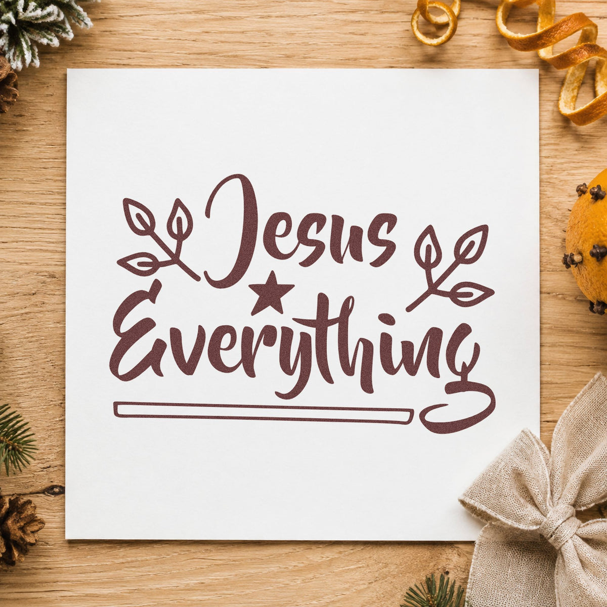 Jesus Everything Star And Leaves rubber stamp printed in brown ink, ready for verse memory sheet and similar paper crafts.