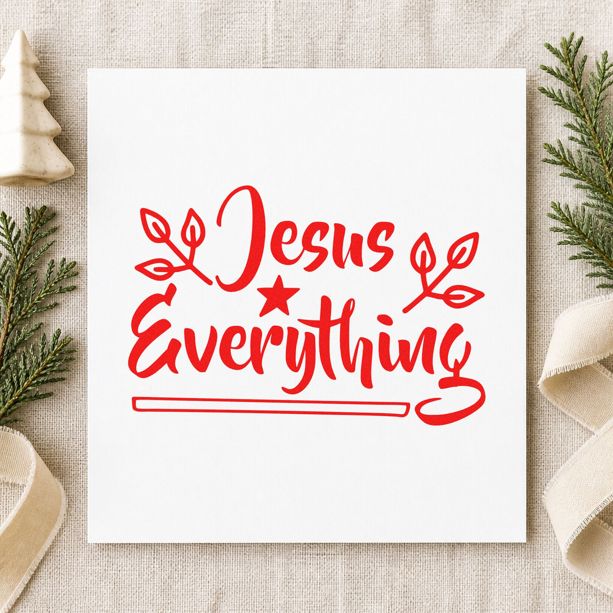 Jesus Everything Star And Leaves rubber stamp shown in red ink, stamped for projects such as outreach box labels.