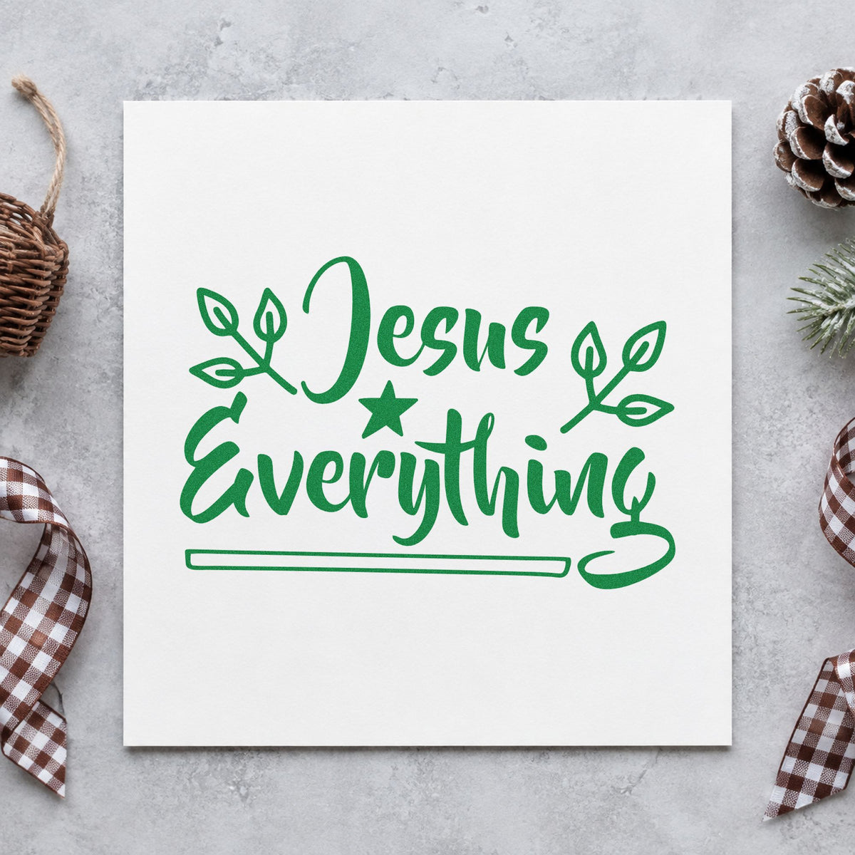 Jesus Everything Star And Leaves craft stamp imprint in green ink on a handmade project, one idea being witness card handouts.