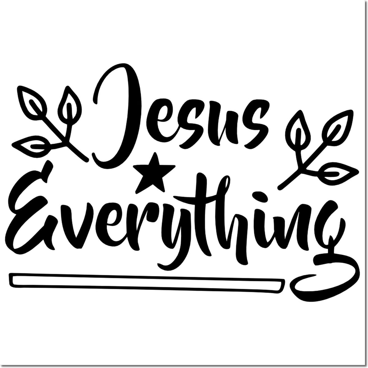 Black Jesus Everything stamp seal design in black on white, with leafy accents, star, and underline.