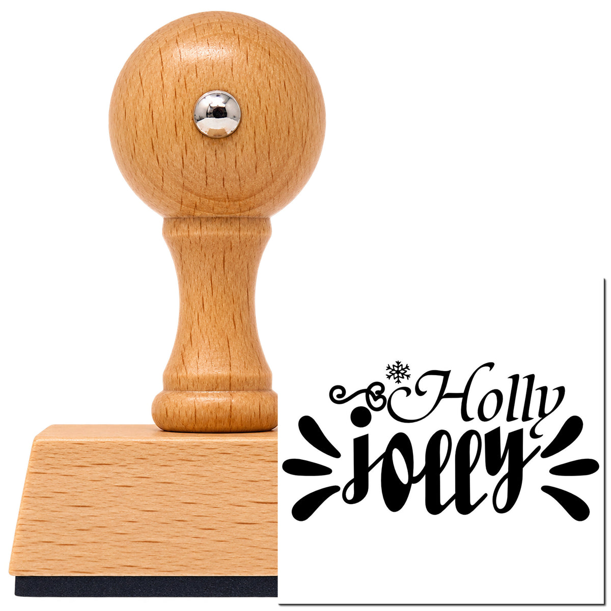 Vintage Pro beech wood stamp with a round knob handle, shown with its black Holly Jolly Accent Rays imprint on white.