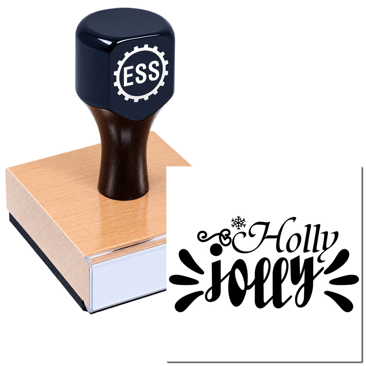 Black ESS rubber stamp with pink wood base and a decorative black "Holly jolly" seal impression on white background.