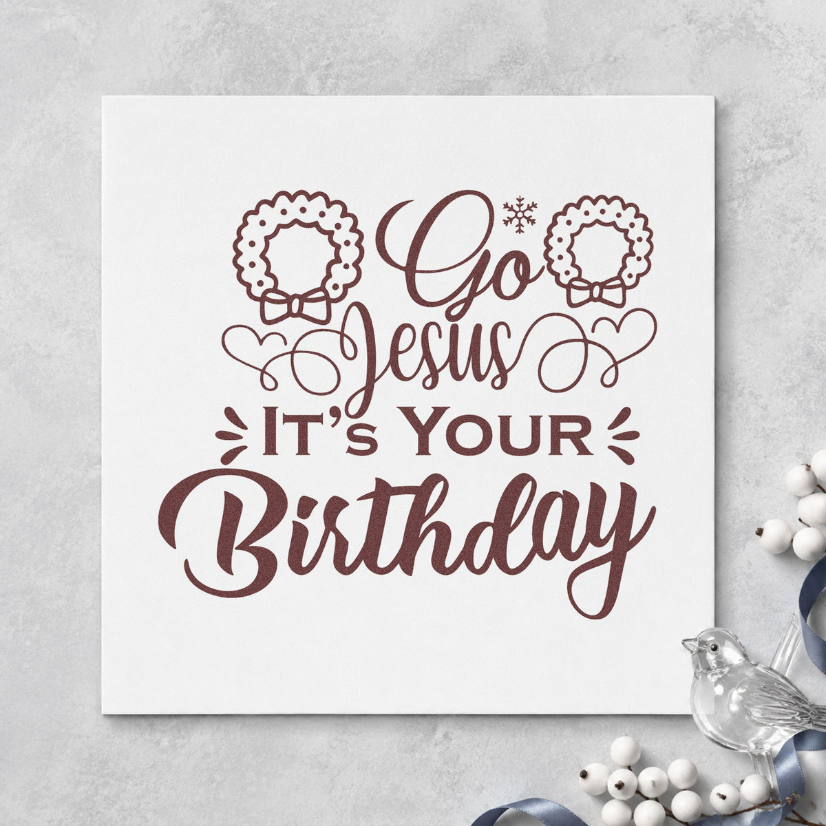 Go Jesus It's Your Birthday rubber stamp printed in brown ink, ready for lesson craft sheet and similar paper crafts.