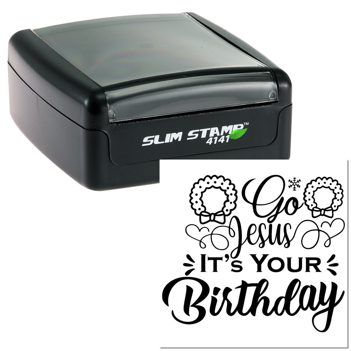 Black Slim Stamp 4141 self-inking stamp with white Go Jesus Its Your Birthday decorative seal design and hearts