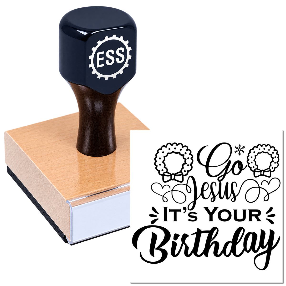 Dark blue ESS stamp on a peach block with black seal design reading "Go Jesus It's Your Birthday" and wreath hearts.