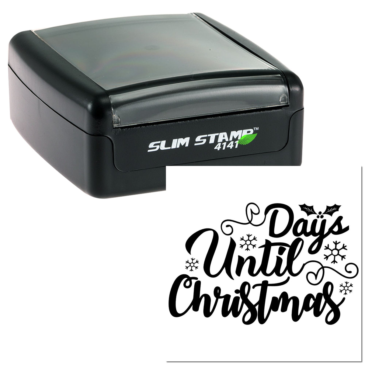 Black Slim Stamp self-inking stamp with white Days Until Christmas holiday seal design and snowflakes.