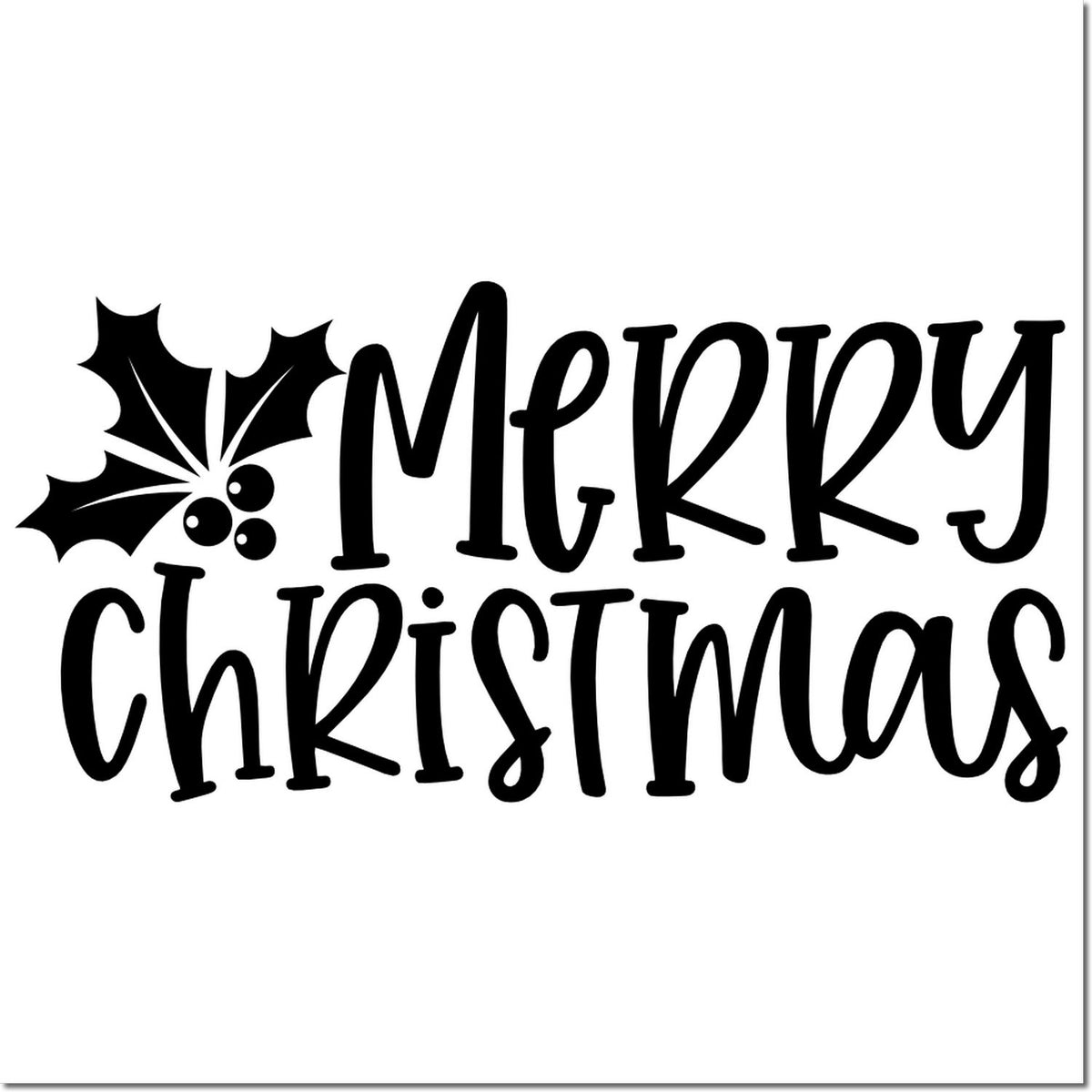 Black Merry Christmas stamp/seal design with holly leaves and berries on a white background.