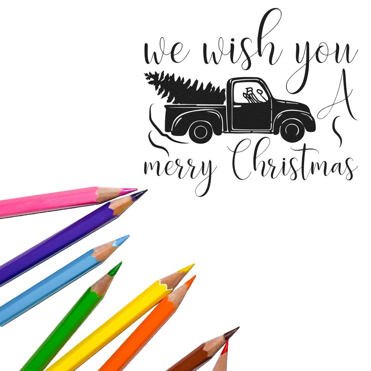 Black Christmas stamp design with pickup truck, tree, and we wish you a merry Christmas, beside colorful pencils.