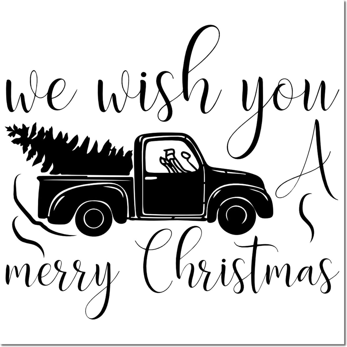Black holiday stamp design with vintage pickup carrying a Christmas tree and script text, we wish you a merry Christmas