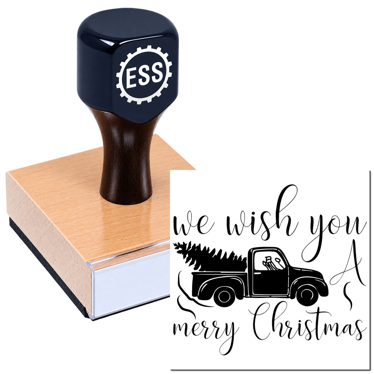Navy-black ESS seal stamp on a wood block, with festive "We wish you a merry Christmas" truck design.