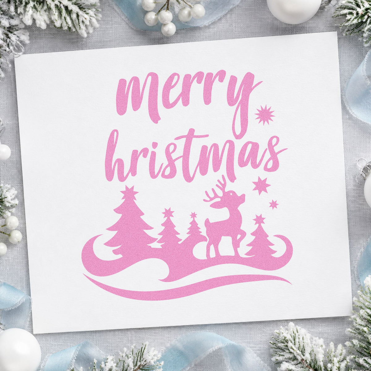 Merry Hristmas Deer Landscape craft stamp in purple ink on cardstock, an easy option for scenery album page.