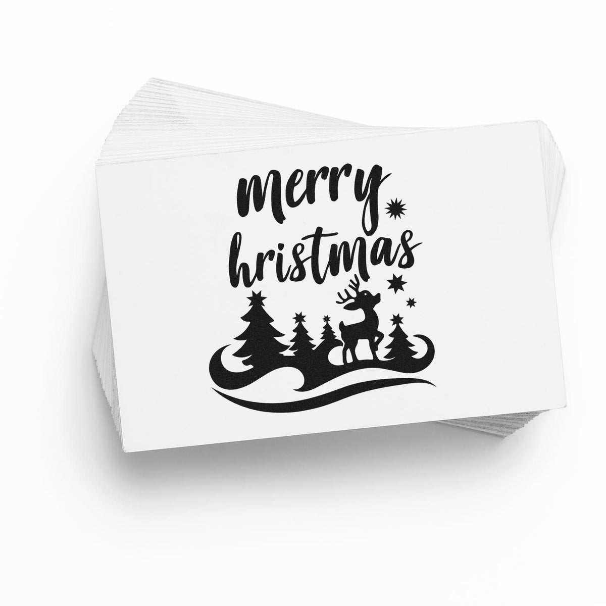 Stack of white stamp seal cards with black Merry Christmas text, trees, deer, and stars.
