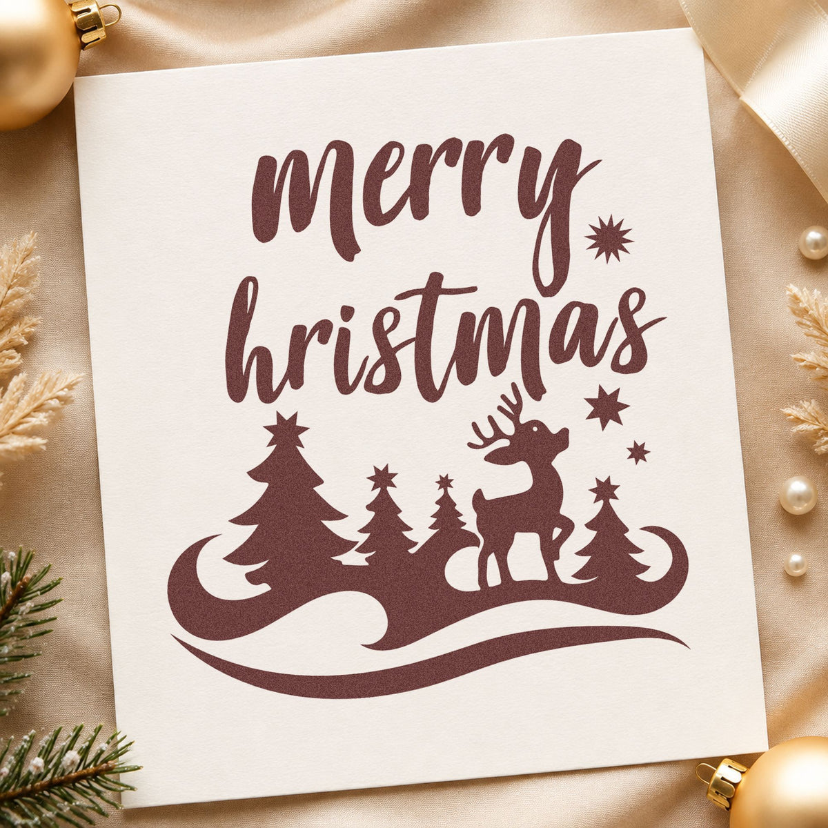 Merry Hristmas Deer Landscape rubber stamp printed in brown ink, ready for footer rule sheet and similar paper crafts.