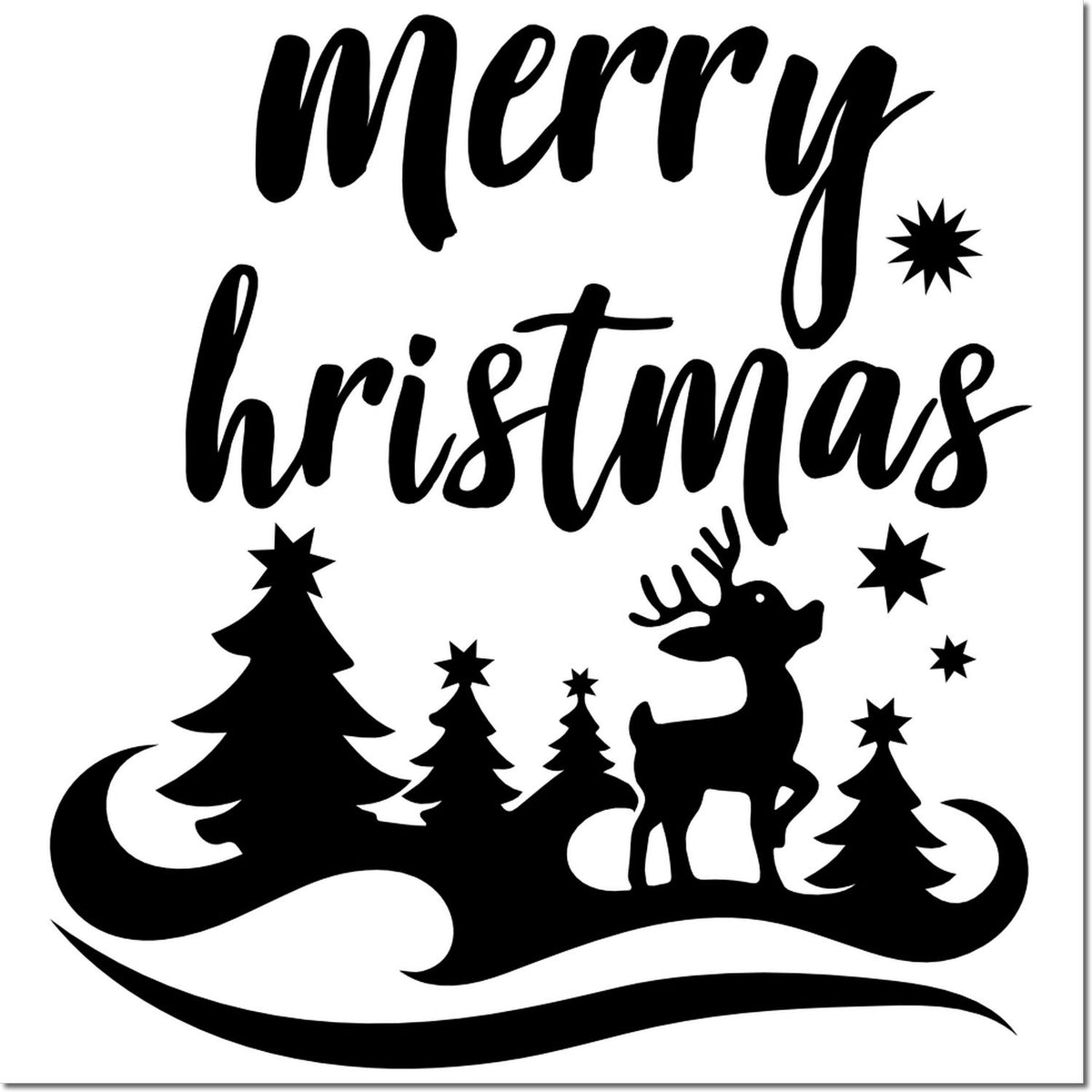 Black Merry Christmas holiday stamp and seal design with reindeer, pine trees, stars, and crescent swirls on white.