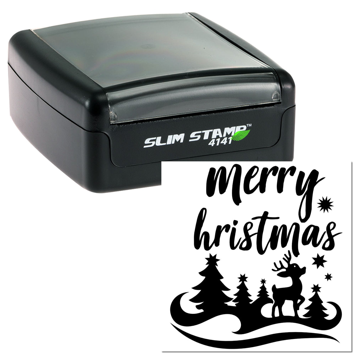 Black self-inking Slim Stamp 4141 with Merry Christmas seal design, featuring trees, reindeer, stars, and snowflakes.