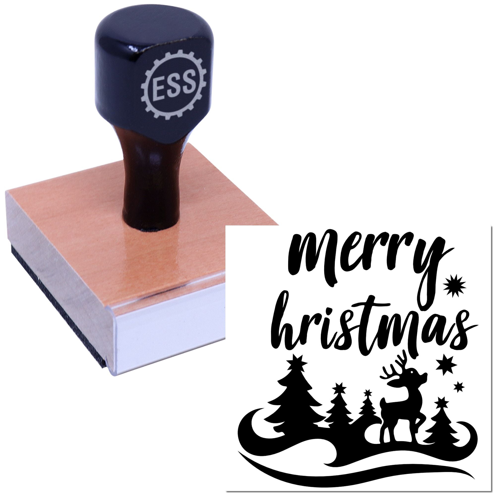 Black ESS custom stamp on wood block, with a Merry Christmas seal design of trees, reindeer and snowflakes.