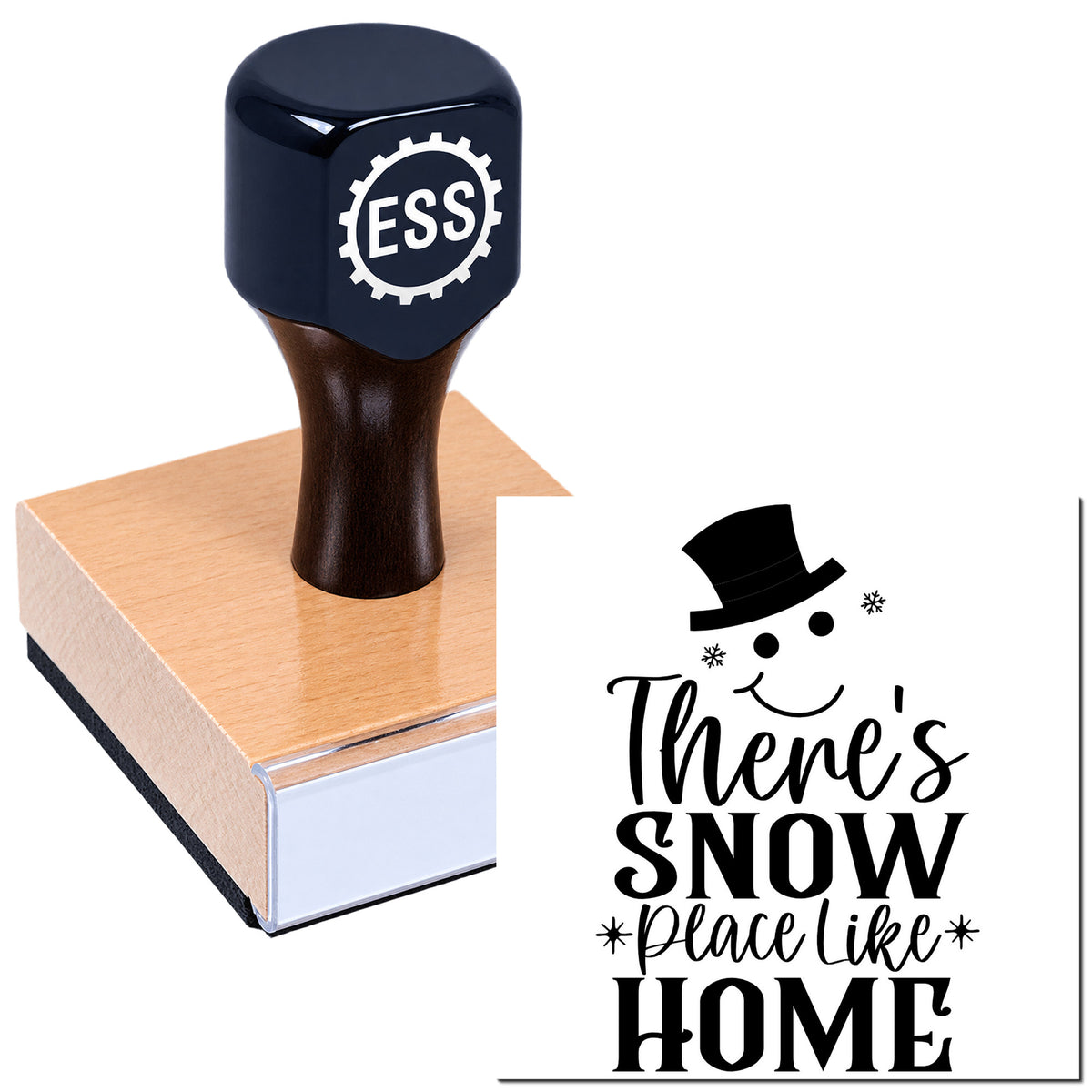 Black ESS rubber stamp and seal on wooden block with snowman design reading There's snow place like HOME.