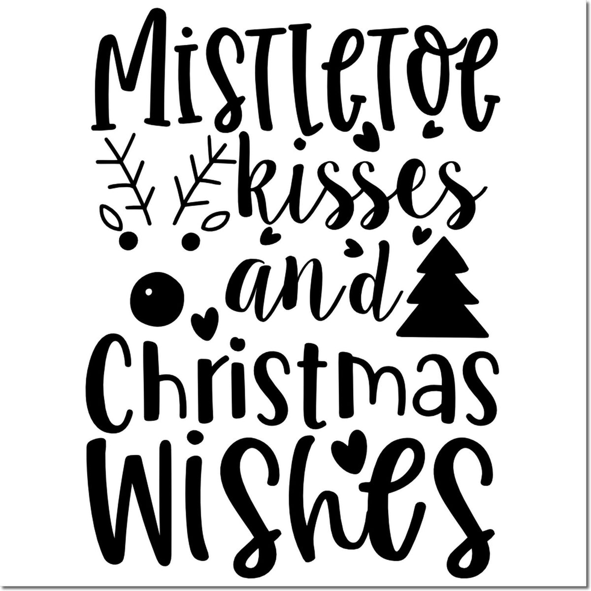 Black Christmas stamp/seal design reading Mistletoe kisses and Christmas wishes with hearts, mistletoe, and tree icons.
