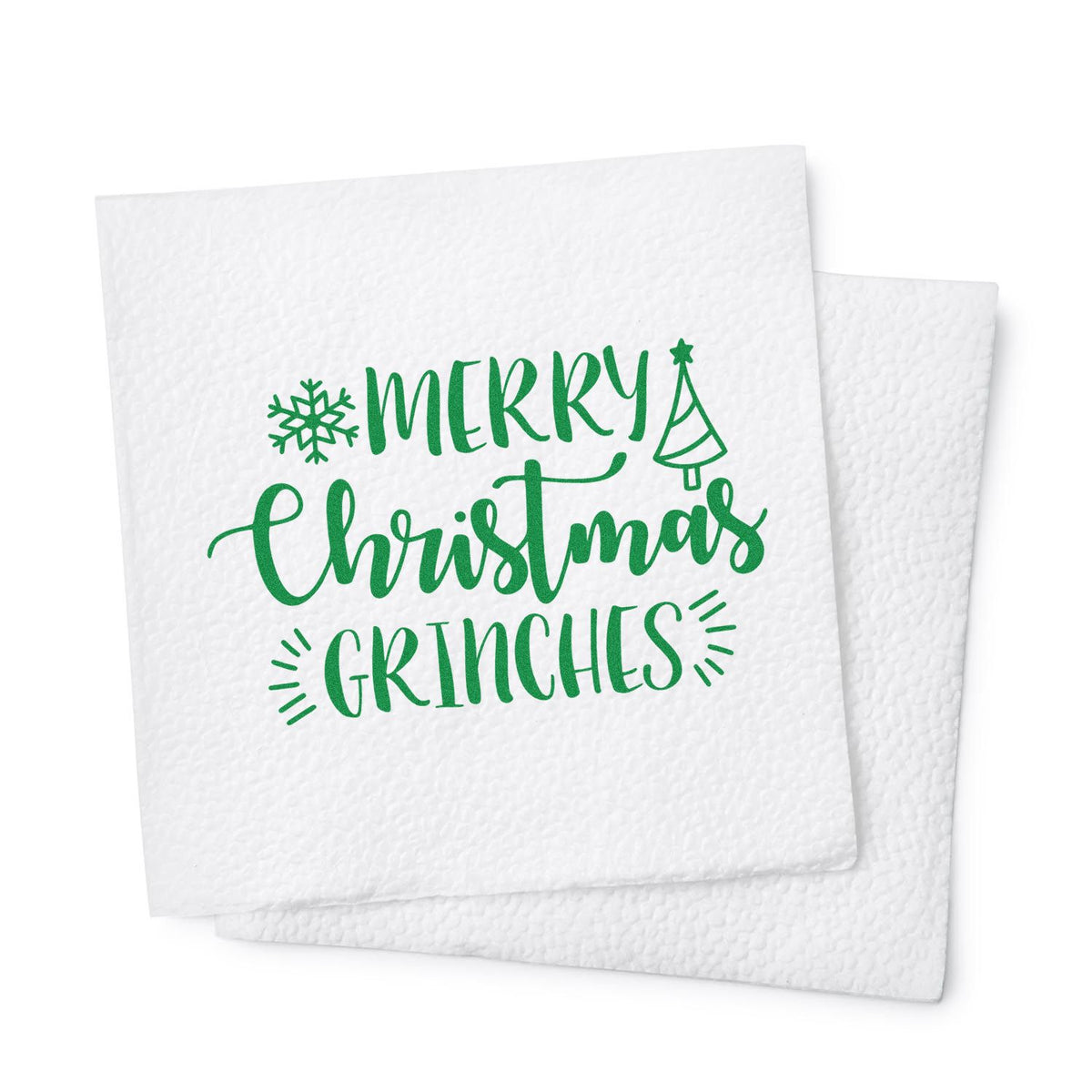 Green Merry Christmas Grinches holiday stamp on white textured seal cards with snowflake and tree accents.