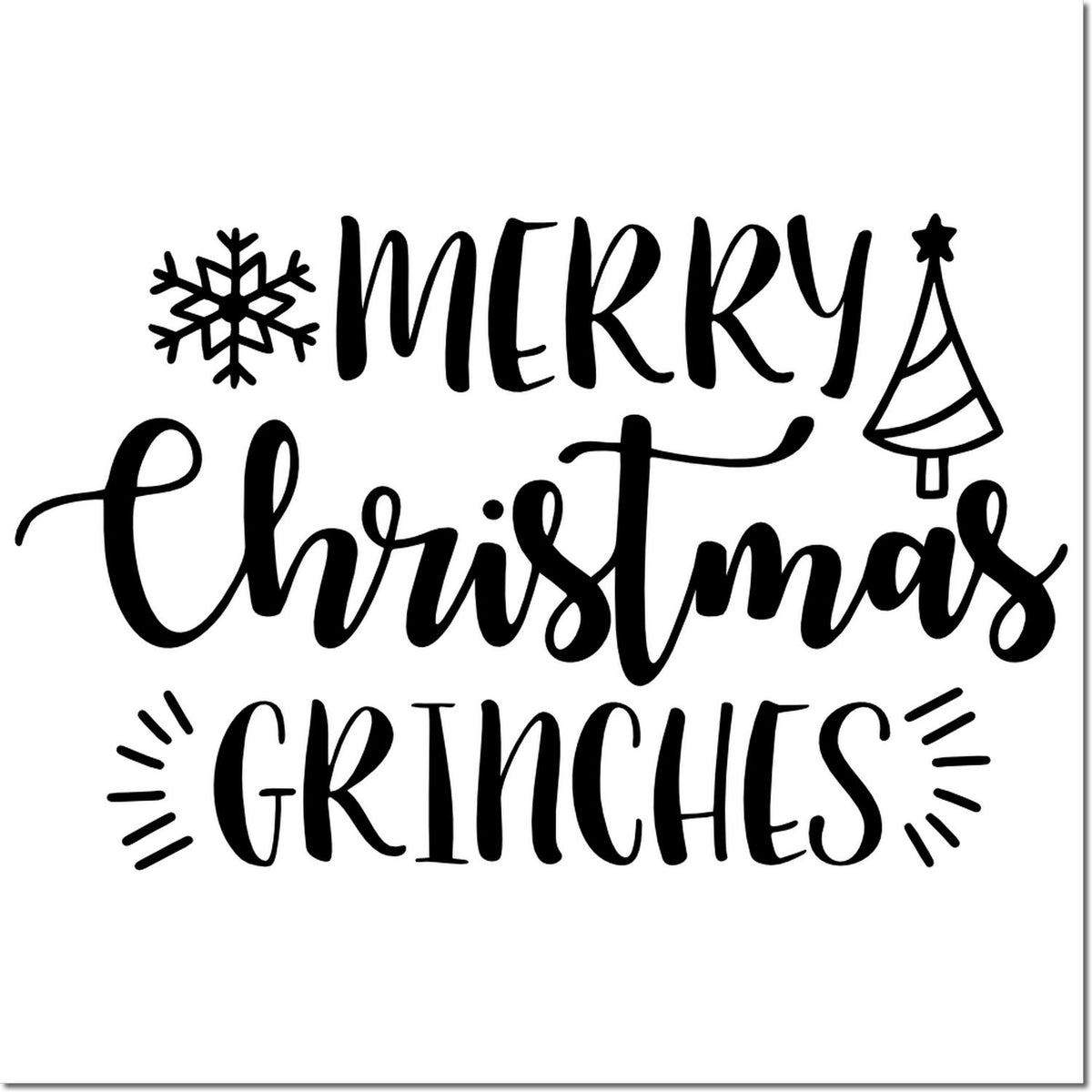 Black Merry Christmas Grinches stamp and seal design with snowflake and Christmas tree on white background.