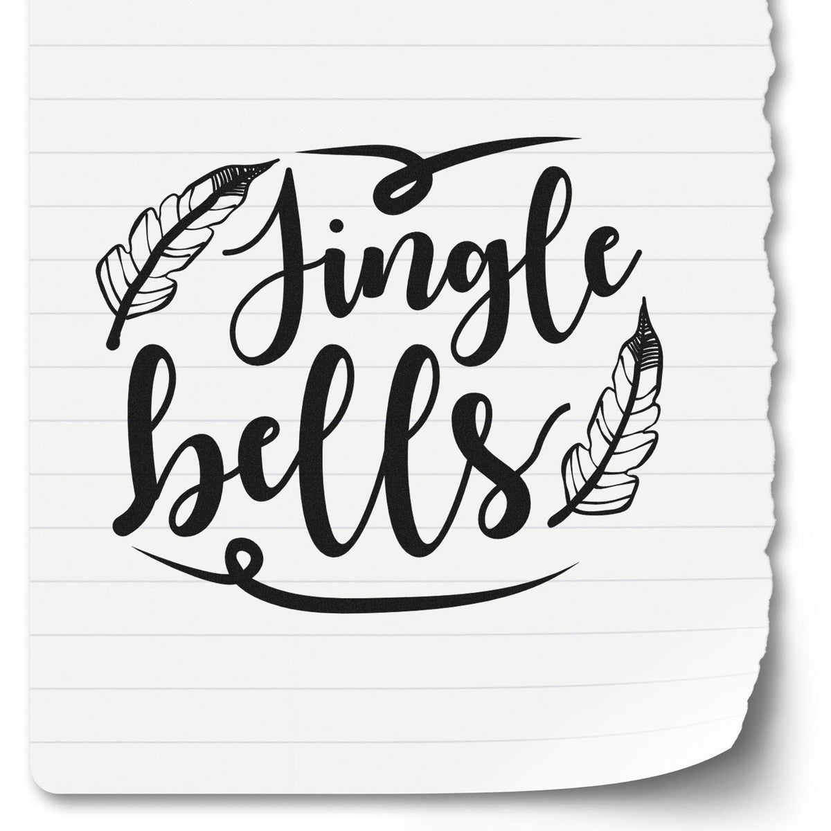 Black Jingle Bells stamp seal design with feather accents on white lined paper.