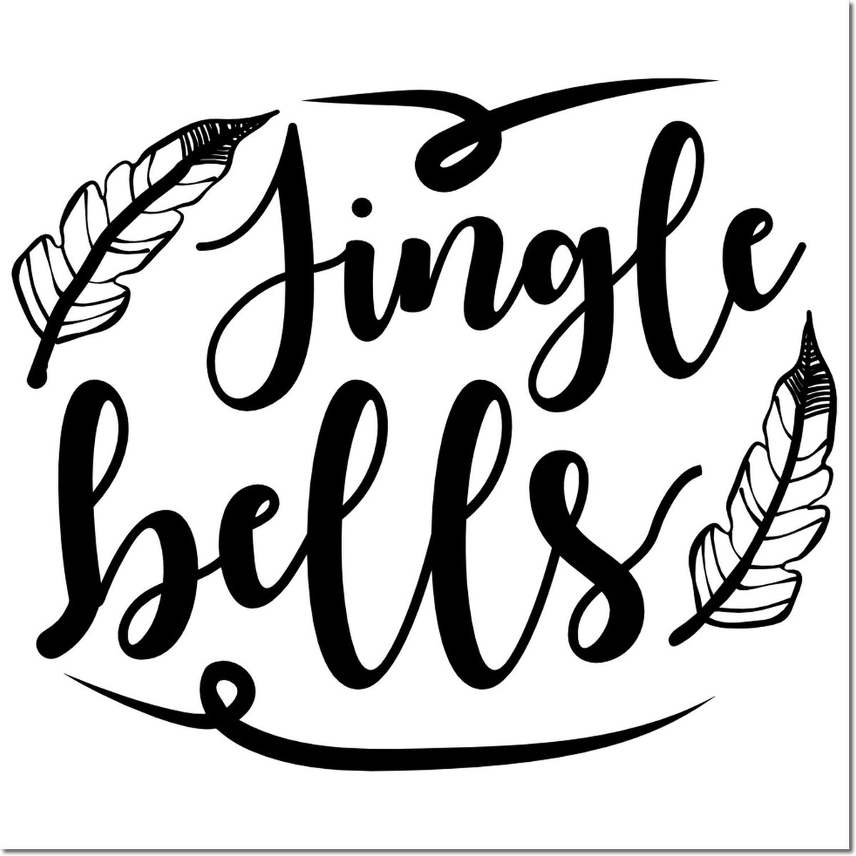 Black Jingle Bells calligraphy stamp with feather accents, decorative seal design on a white background.