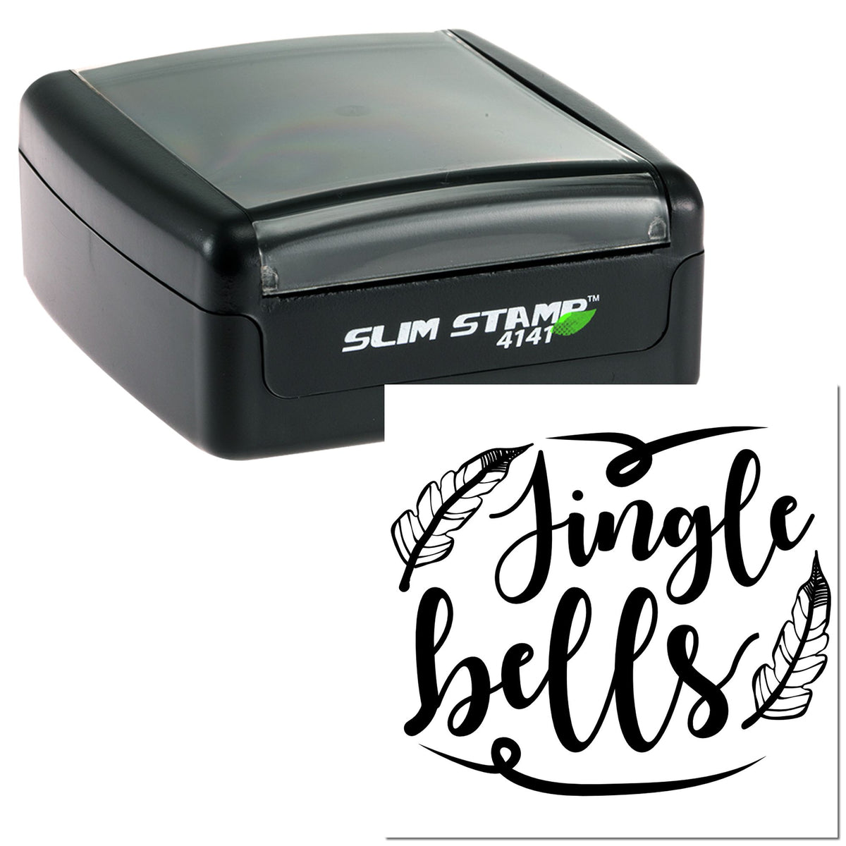 Black Slim Stamp 4141 self-inking stamp with custom Jingle Bells seal design and feather accents