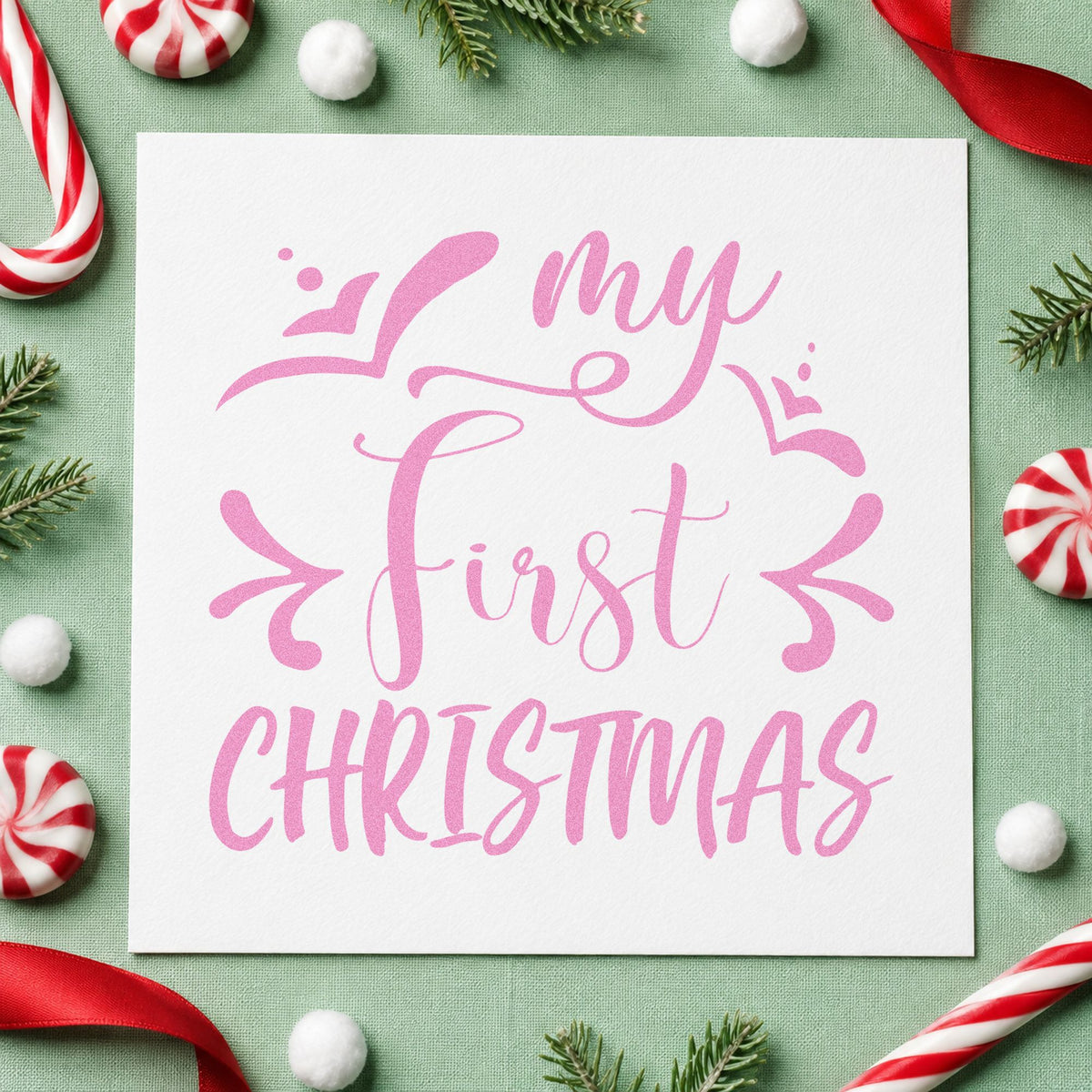 My First Christmas craft stamp in purple ink on cardstock, an easy option for debut album page.